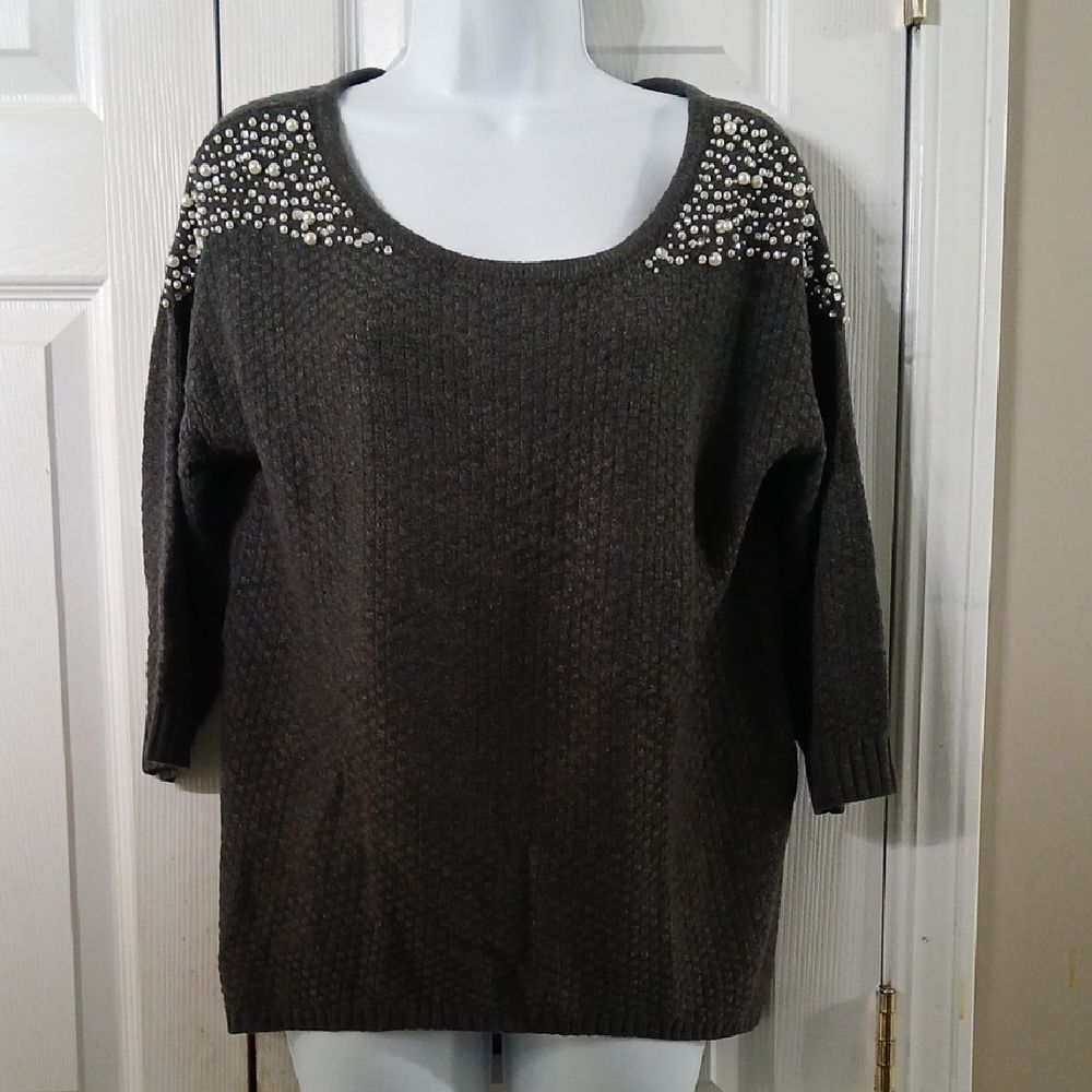 Cato gray faux pearl and gem embellished casual high low sweater M NWOT